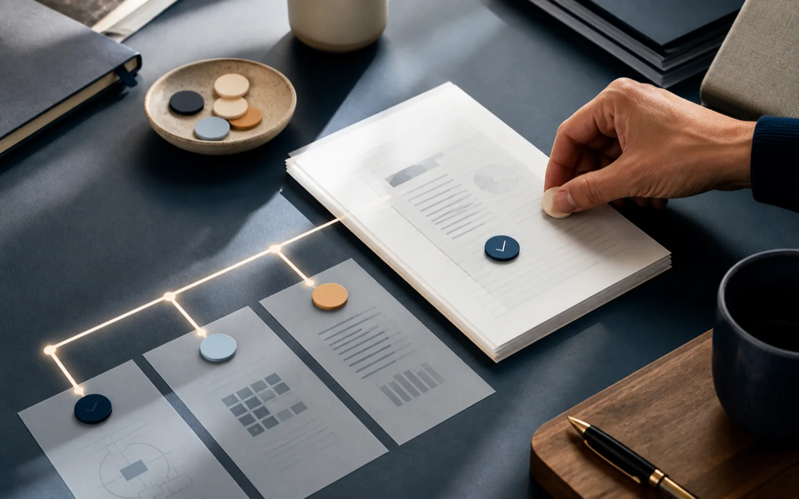 A human reviewer places a marker on layered accounting documents beside a visible evidence path.
